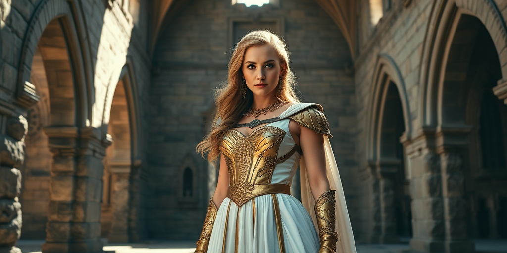A regal warrior woman in a stunning golden and white gown stands in an ancient stone castle with intricate arches and shadows, natural light highlights her features; camera settings: f/2.8, ISO 100, 1/200s; camera view: medium shot; camera style: cinematic; camera type: DSLR.