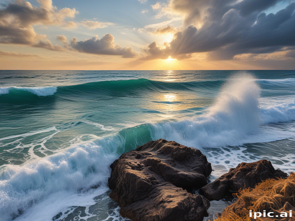 Serene Sunset Over Ocean Waves Crashing Against Rocky Shoreline