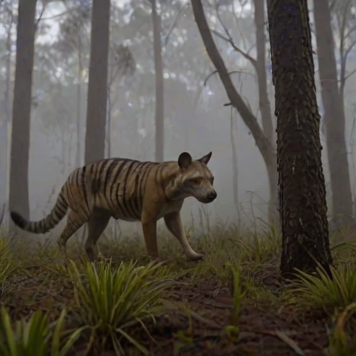 A Thylacine walking through a fog shrouded forest.