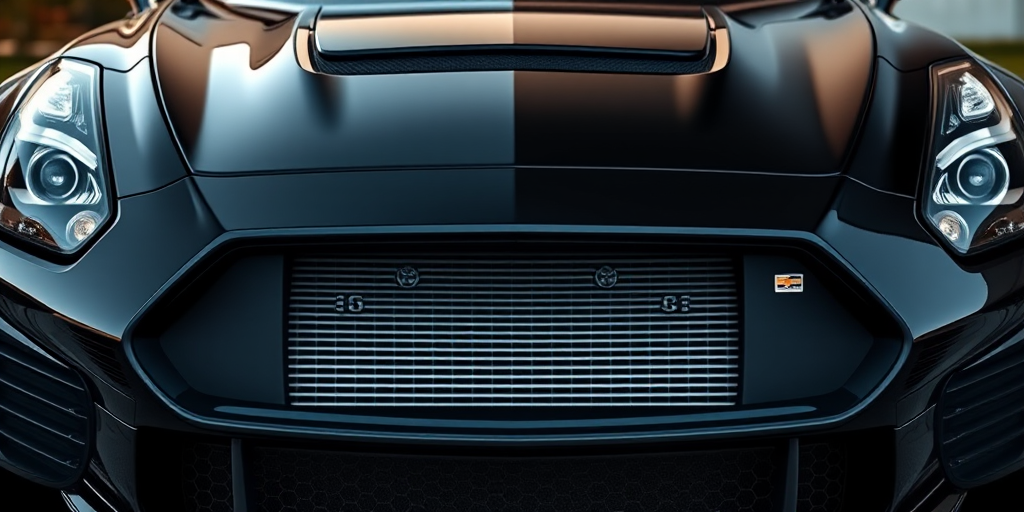 Create a hyper-realistic image of a black sports car from a front view with a focus on the grille, ensuring high detail and vibrant colors, use a DSLR camera, 50mm lens, aperture f/1.8, ISO 100, and natural lighting for enhanced clarity and depth.