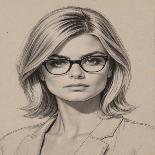 Sublime Eliza Coupe, pencil sketch, portrait of Pleasing woman 1968s in glasses, hair style beatnik, outline, clear lines, fine lines, 8k