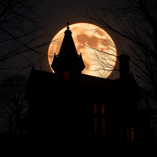 Generate a haunting Victorian mansion silhouette against a dramatic full moon with an orange glow in the background, shot from a low angle using a DSLR camera with a focal length of 24mm, aperture set to f/8, ISO 100, and a long exposure of 15 seconds to capture the eerie atmosphere and details of the structure amidst bare trees.
