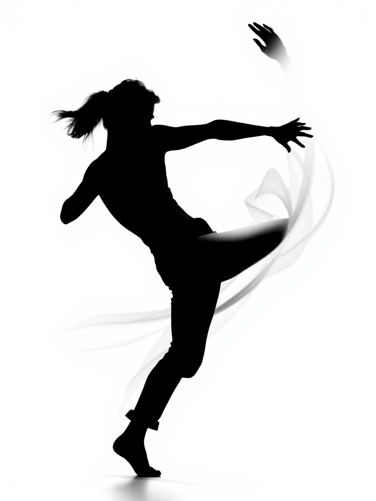 Create an abstract black silhouette of a person in a dynamic pose against a white background, shot with a Canon EOS R, 50mm lens, aperture f/1.8, ISO 100, using a soft focus effect for depth and clarity.