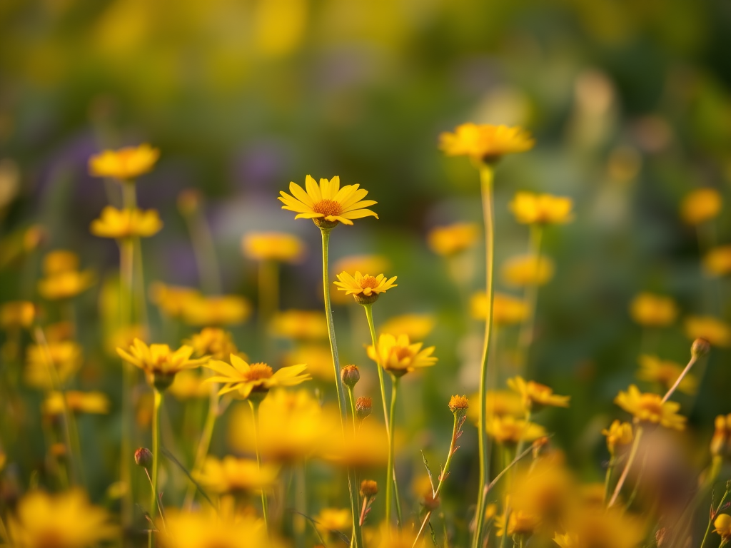 A field of yellow flowers in soft focus during golden hour, with vibrant green foliage, shot with a DSLR camera at f/2.8 aperture, ISO 100, 50mm lens, shallow depth of field, and a warm color palette.