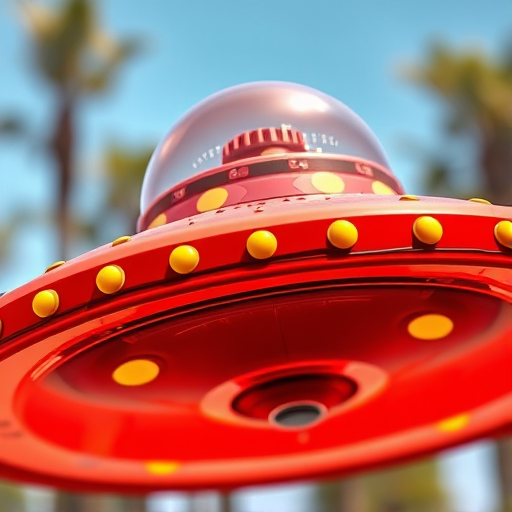 Create a vibrant and detailed illustration of a red UFO with yellow spots and a transparent dome on top, using a digital camera with a 50mm lens, f/2.8 aperture, ISO 100, shot from a low angle in a bright outdoor setting to enhance color saturation and sharpness.