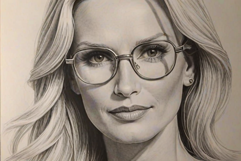 Resplendent Nicolette Sheridan, pencil sketch, portrait of Fascinating woman 1975s in glasses, hair style beatnik, outline, clear lines, fine lines, 8k