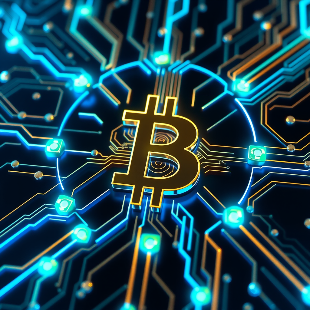 Imagine a Bitcoin symbol (₿) intricately designed as part of a futuristic, glowing circuit board. The ₿ is central, composed of metallic gold and silver lines, seamlessly blending into the web of circuits surrounding it. Blue and green LED-style lights trace through the circuits, making it look like Bitcoin is powering a digital network. The background is dark, with neon accents highlighting the tech vibe, symbolizing the digital and decentralized nature of Bitcoin