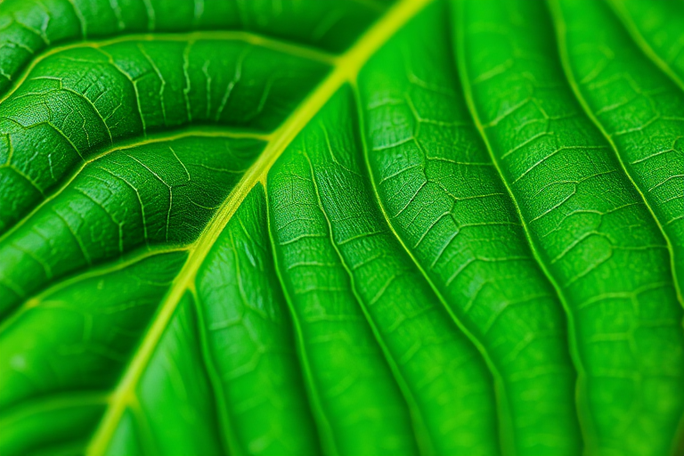 Generate an image of a green leaf with intricate winding patterns on its surface, captured with a DSLR camera, 50mm lens, f/2.8 aperture, 1/125s shutter speed, and natural lighting, focusing on macro details to enhance texture and color vibrancy.