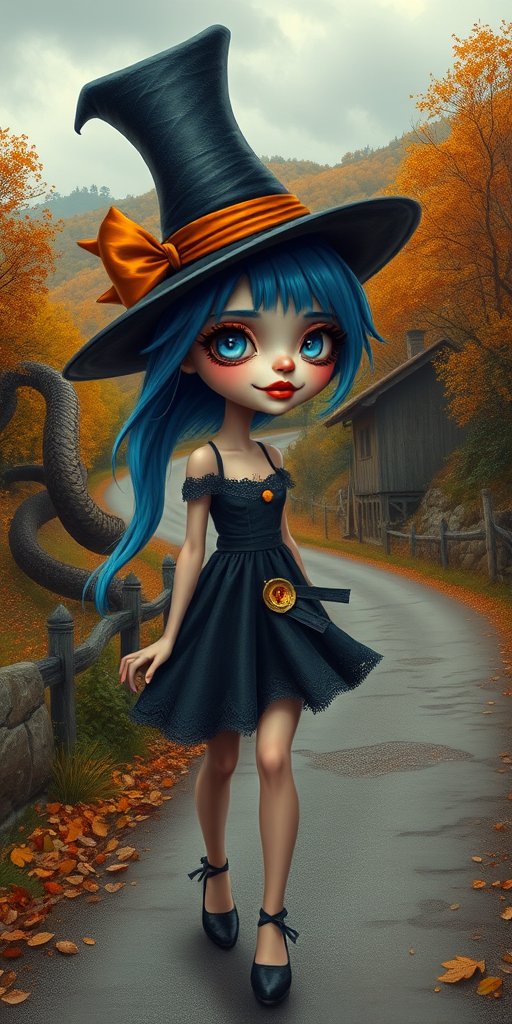 digital art fantasy depicting a strange girl with blue hair, long eyelashes, orange lipstick and a tall hat walking along a winding road on an autumn afternoon, an Cobra smiles as she passes