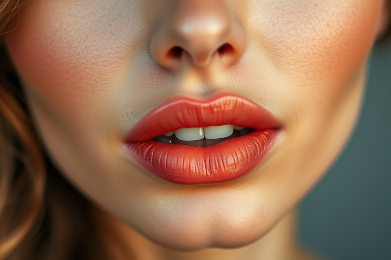 Romantic woman lips adorned with soft coral tint and dewy finish, full face capture highlighting natural beauty and gentle grace