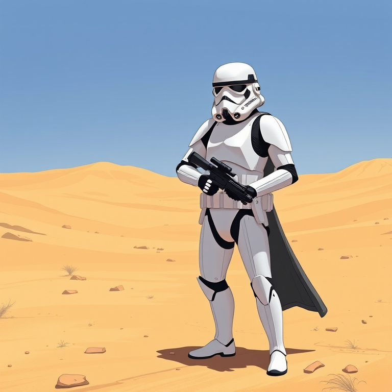 Illustrate a stormtrooper standing confidently with a blaster in a desert landscape, using a DSLR camera with a 50mm lens, f/2.8 aperture, 1/200s shutter speed, and an ISO of 100 for sharp details and vibrant colors.