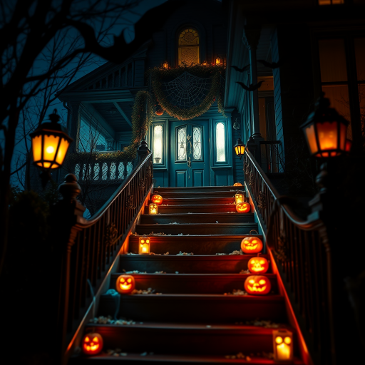 airbrushed oil painting, halloween theme, a haunted house, stairs, highly decorated, illuminated, lanterns, jack o'lantern, bats, webcobs