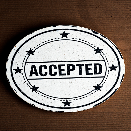 Create a high-resolution image of a circular stamp with the word "ACCEPTED" in bold letters at the center, featuring a border with stars around it, using a DSLR camera with a 50mm lens, aperture f/2.8, ISO 100, shot in natural light, top-down view, and a shallow depth of field for enhanced detail and clarity.