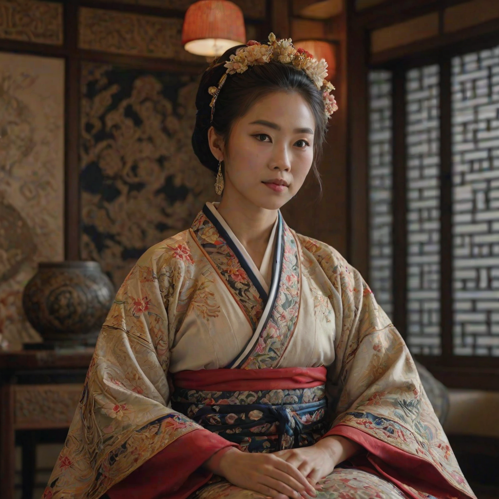 A beautiful Ryukyuan woman in traditional East Asian attire, intricately detailed with embroidered patterns, sitting gracefully in a richly decorated room, soft ambient lighting, serene and elegant, ultra-realistic, 8K resolution