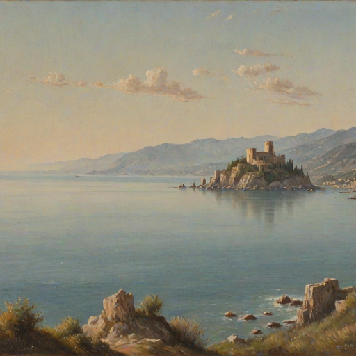 (italian seascape,sea),distant small mediaval italian castle,soft colours,