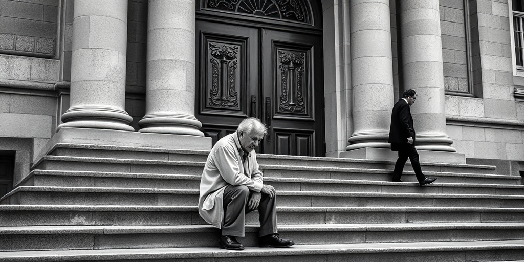 a black and white image of an elderly man kneeling on the steps of a historic building, with a contemporary figure standing nearby, captured with a DSLR camera at f/2.8 aperture, ISO 100, and a shutter speed of 1/250 sec, using a 50mm lens to enhance detail and depth of field, with a slight vignette effect for focus on the subject.