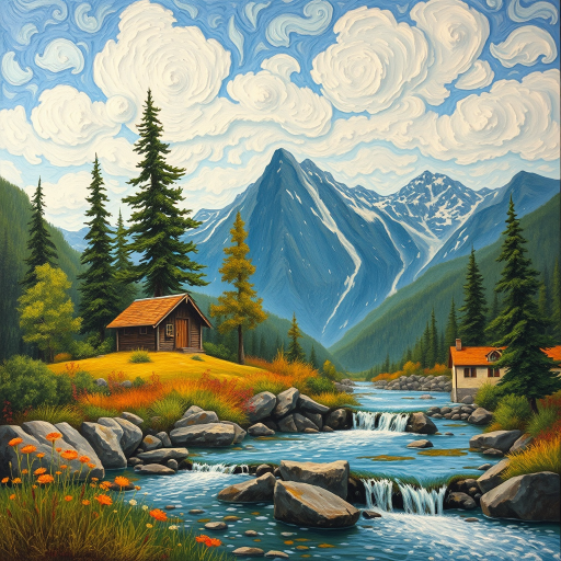 This Van Gogh-inspired painting depicts a peaceful scene of a small cabin located near a flowing river. The scene is surrounded by lush vegetation, including tall trees and rocky terrain. In the background, majestic mountains rise under a sky filled with rolling clouds. The river gently cascades over the rocks, adding a sense of movement and tranquility to the scene. The use of vibrant colors and detailed brushstrokes create a sense of depth and harmony in the natural setting.