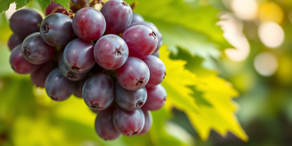 Create a high-resolution image of a bunch of purple grapes with vibrant green leaves, using a macro lens, f/2.8 aperture for depth of field, ISO 100 for clarity, and natural lighting to enhance colors.
