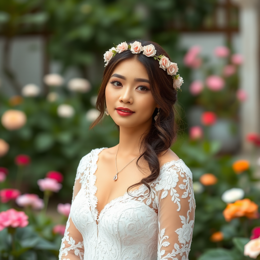 garden scene, Filipina bridal model, delicate lace gown, floral headpiece, soft romantic focus, high-key lighting and an 85mm lens for soft, even tones that highlight the model’s face and bright outfit against a white or light background
