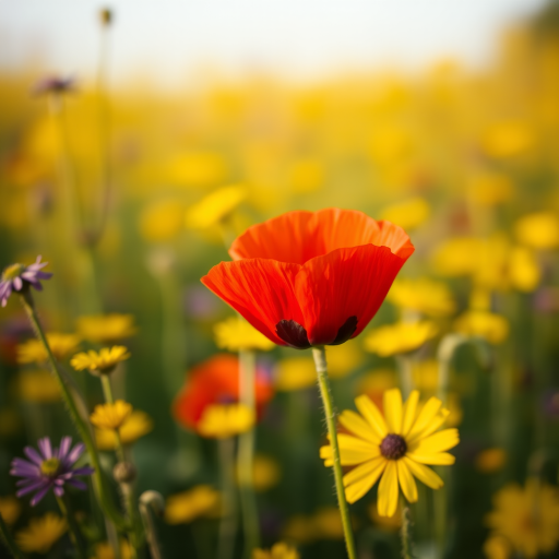 Close-up of a vibrant red poppy flower in a field of blurred yellow and purple wildflowers, shallow depth of field, f/2.8 aperture, 85mm lens, natural light, DSLR camera, golden hour setting for enhanced color saturation.