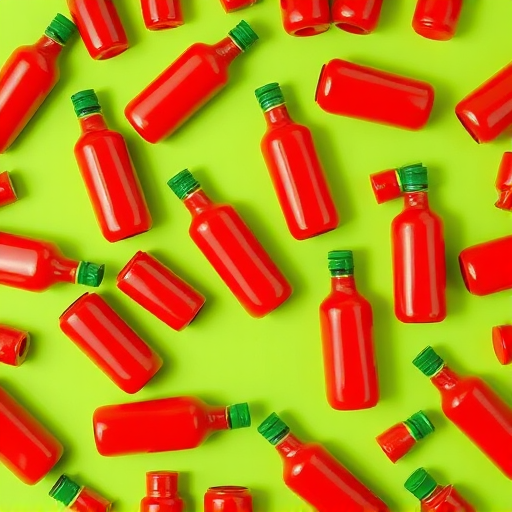 Create a vibrant repeating pattern of stylized red hot sauce bottles with green caps on a bright green background, using a high-resolution digital camera set to f/8 aperture, ISO 100, and a focal length of 50mm, captured from an overhead perspective in a flat lay style.