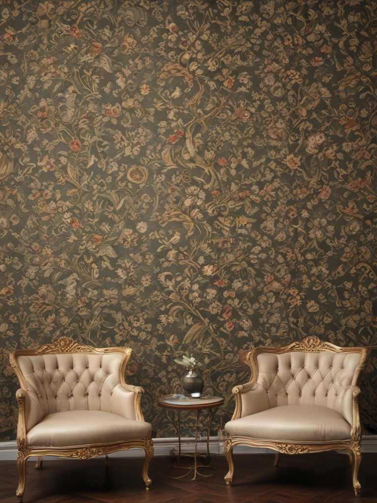 Elegant Vintage Living Room with Floral Wallpaper and Ornate Armchairs