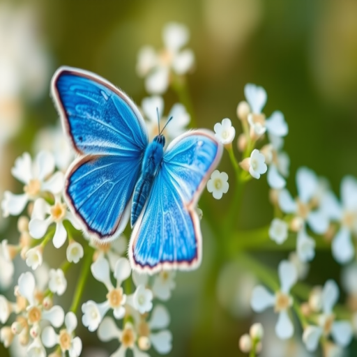 Create a high-resolution image of a blue butterfly perched on delicate white flowers, using a macro lens with an aperture of f/2.8, shutter speed of 1/250s, ISO 100, shot from a symmetrical overhead view in a soft focus style on a digital SLR camera.