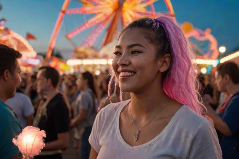 Busy carnival at twilight, vibrant lights from the rides reflecting on the faces of the crowd, a woman holds a cotton candy stick, laughing as she watches a Ferris wheel spin in the distance.