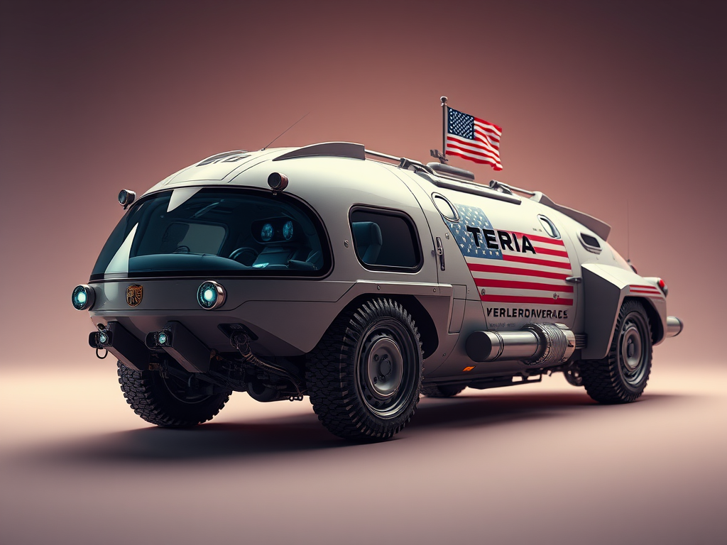 futuristic exploration vehicle with USA flag, highly detailed, 3D rendering, vibrant colors, studio lighting, close-up view, camera settings 85mm f/1.8, ISO 100, natural light, high dynamic range, digital SLR camera, realistic texture and reflections