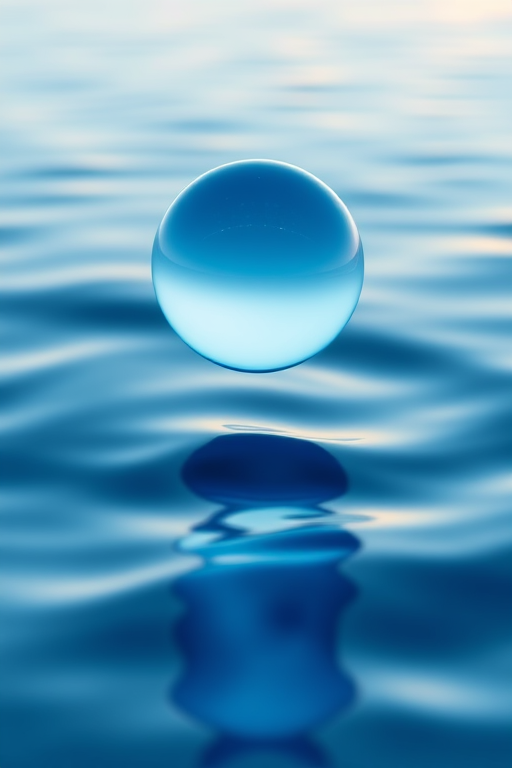 Create a high-resolution digital artwork of a smooth blue sphere suspended above a gentle wave-like surface, captured with a DSLR camera at f/2.8, ISO 100, 1/500 sec, using a soft focus lens and a wide-angle view to enhance depth and richness of color.