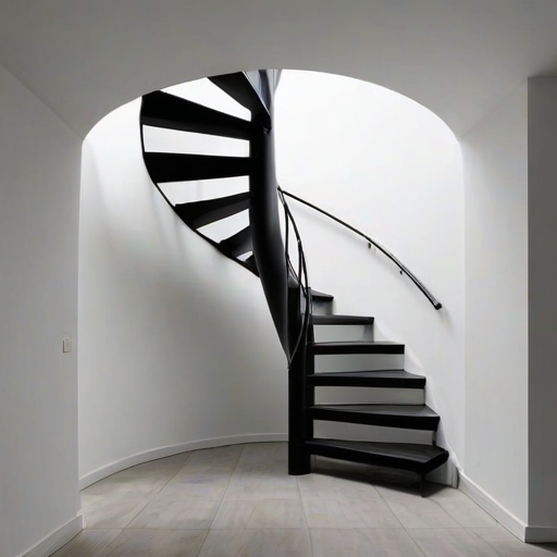 regenerate an image of a modern spiral staircase with black steps, elegant lighting creating shadows on a white wall, minimalistic design