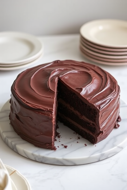 A rich chocolate cake with smooth chocolate frosting on a marble platter, a slice cut out revealing the moist interior, surrounded by elegant plates and a blurred background of soft, neutral tones.