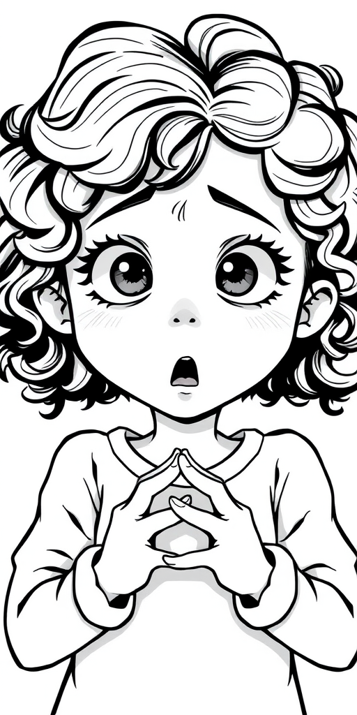 The image is a black and white illustration of a young girl with curly hair. She has a surprised expression on her face with her mouth open and her hands clasped together in front of her chest. Her eyes are wide and her eyebrows are furrowed. Her hair is styled in loose curls that are cascading down her back. The overall mood of the image is one of shock or surprise.