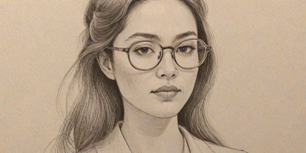 Resplendent Camille Chen, pencil sketch, portrait of Pleasing woman 1977s in glasses, hair style beatnik, outline, clear lines, fine lines, 8k