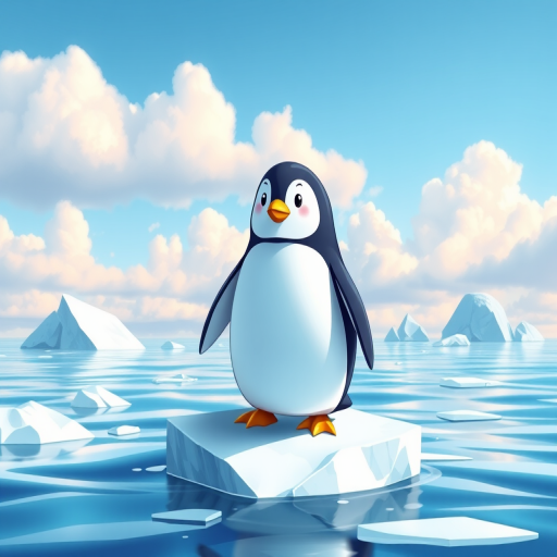Create a vibrant illustration of a cartoon penguin standing on an iceberg in a serene ocean with soft clouds in a clear blue sky, capturing bright colors and smooth gradients, use a digital drawing style, set camera settings for high contrast and saturation, with a wide-angle view to include more of the icy landscape, and simulate a 24mm lens effect for clarity.