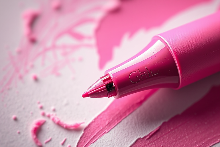 Create a highly detailed digital illustration of a pink marker with a focus on realistic textures, macro lens, f-stop 2.8, soft light, DSLR camera, overhead view.