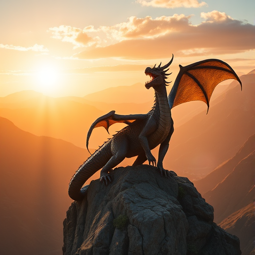 create a hyper-realistic image of a majestic three-headed dragon perched on a rocky outcrop in a vibrant mountainous landscape during golden hour with soft sunlight illuminating the scene, using a full-frame DSLR camera, 35mm lens, f/2.8 aperture, 1/250 second shutter speed, ISO 100 for enhanced sharpness and detail.