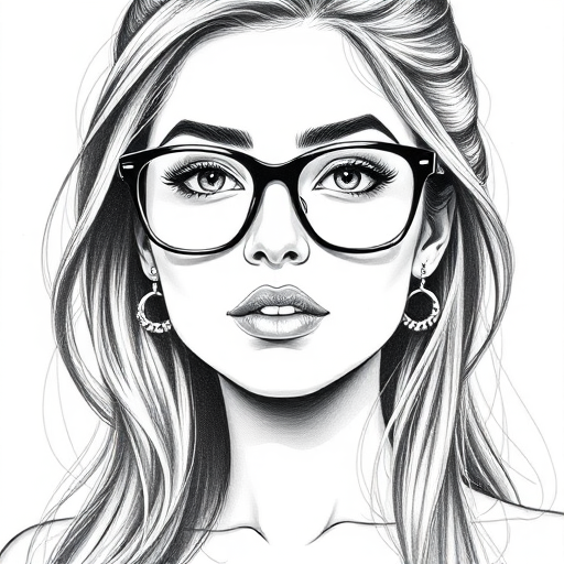 hot mia khalifa, pencil sketch, portrait of beautiful woman 60s in glasses, hair style beatnik, outline, clear lines, fine lines, 8k