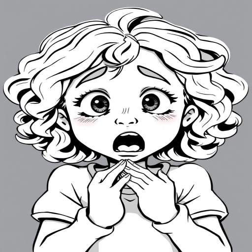 The image is a black and white illustration of a young girl with curly hair. She has a surprised expression on her face with her mouth open and her hands clasped together in front of her chest. Her eyes are wide and her eyebrows are furrowed. Her hair is styled in loose curls that are cascading down her back. The overall mood of the image is one of shock or surprise.