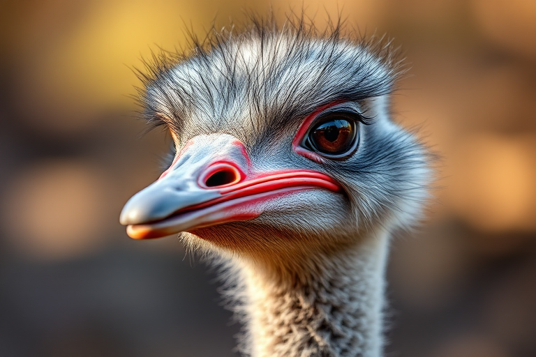 ostrich portrait, shallow depth of field, soft natural lighting, focus on eye details, 50mm lens, f/1.8 aperture, ISO 200, 1/200s shutter speed, DSLR camera, wildlife photography style, blurred background for depth