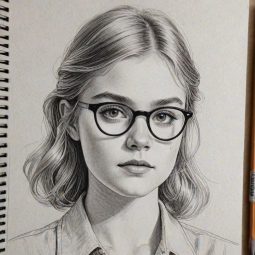 Splendid Elsie Fisher, pencil sketch, portrait of Exquisite woman 1980s in glasses, hair style beatnik, outline, clear lines, fine lines, 8k