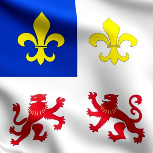 Regenerate the image of a flag design featuring four quadrants with yellow fleur-de-lis on a blue background and red lions on a white background, using a DSLR camera with a 50mm lens, f/2.8 aperture, ISO 100, and a shallow depth of field for enhanced detail and color vibrancy.