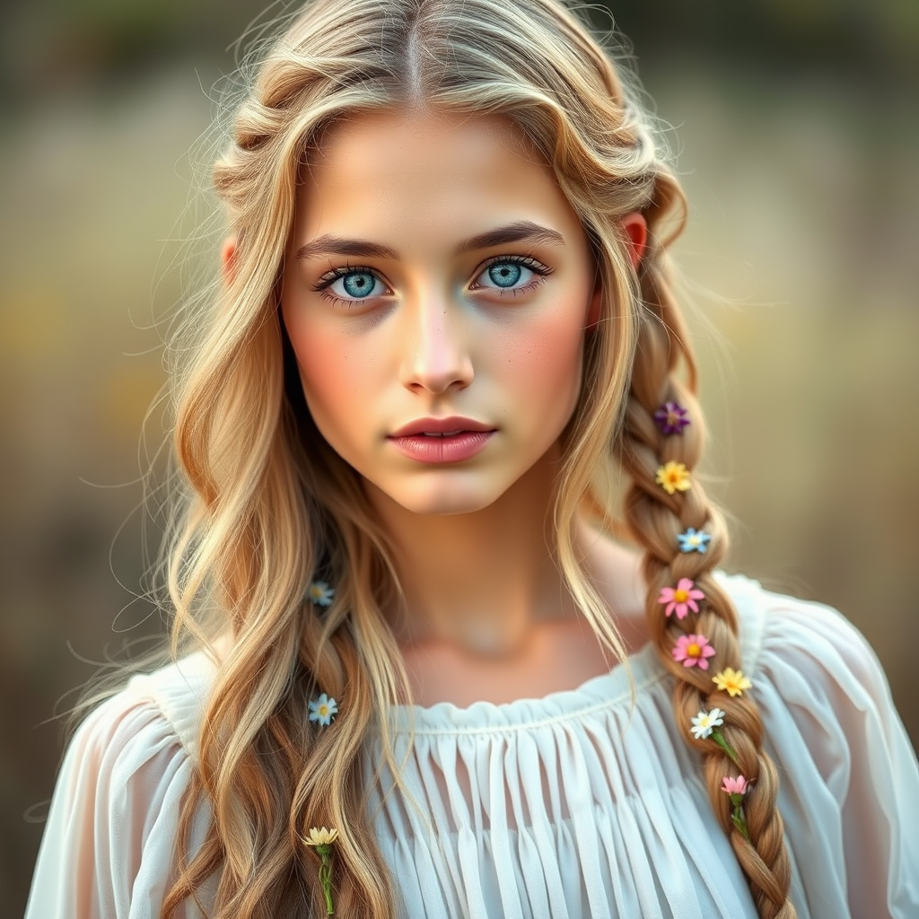Create an image of a young Armenian woman with long, wavy blonde hair, adorned with small, colorful flowers woven into her braids and loose strands. Her complexion is fair, with soft, glowing skin, and she has light blue eyes that gaze softly at the viewer. She wears a light, flowing dress with a gentle, ethereal quality, complementing her delicate and serene appearance. The background is slightly blurred, drawing focus to her tranquil expression and the intricate details of the flowers in her hair. The overall mood of the image is one of natural beauty and grace, evoking a sense of peacefulness and connection with nature.