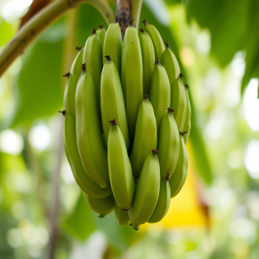 Capture a close-up of a bunch of green bananas hanging from a tree, with a blurred lush green background, using a DSLR camera, 50mm lens, aperture set to f/1.8, shutter speed 1/200s, and ISO 200 for enhanced depth of field and sharpness.