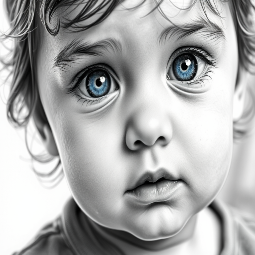 A hyperdetailed photorealistic black and white sketch of a beautiful toddler with deep blue eyes, with a macro focus