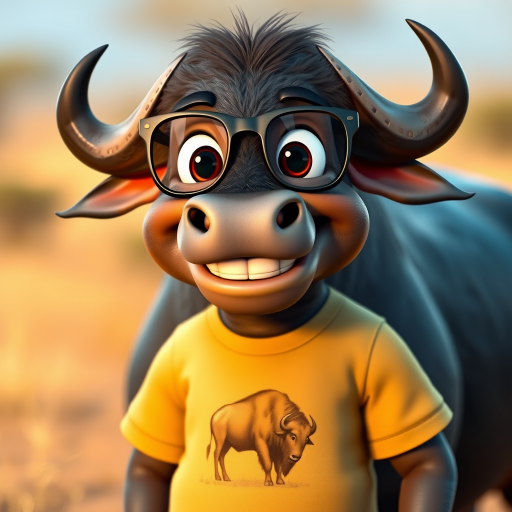 Hyperrealistic 3D render of a smiling cartoon Cape Buffalo wearing glasses and a beige t-shirt with a smaller buffalo image printed on it, missing some teeth, set against a blurred African savanna background, detailed fur, 8k resolution, octane render, artstation trending.