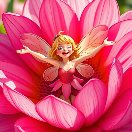 Create a vibrant illustration of a joyful fairy with extended arms surrounded by large, intricate flower petals, shot with a DSLR camera at f/2.8 aperture, ISO 100, 50mm lens, in soft natural lighting to enhance colors and details.