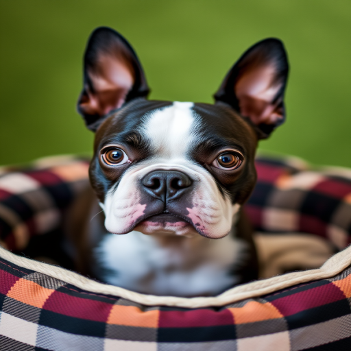 A close-up portrait of a Boston Terrier sitting in a soft, plaid pet bed, with a softly blurred green background, taken with a DSLR camera at f/2.8, ISO 200, 50mm lens, natural light, shallow depth of field.