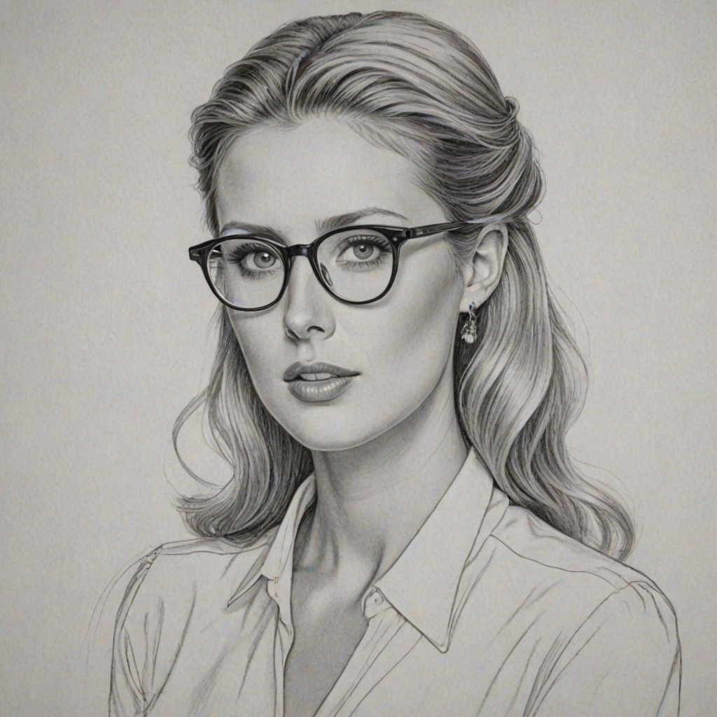 Exquisite Nicky Hilton, pencil sketch, portrait of Magnificent woman 1946s in glasses, hair style beatnik, outline, clear lines, fine lines, 8k