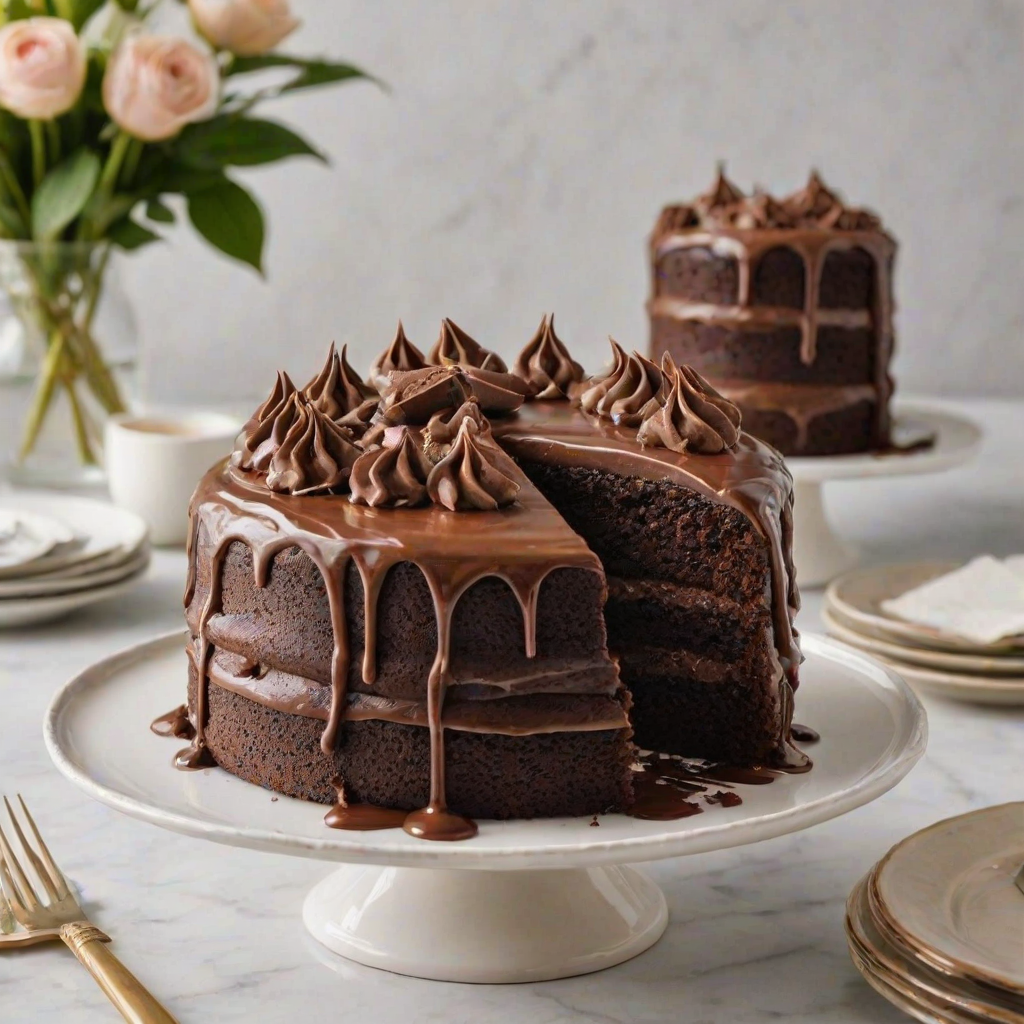 Create an image of a rich chocolate cake with smooth chocolate frosting. The cake should be round and appear moist, with a slice removed to show its fluffy interior. Place the cake on a marble cake stand, with a soft, neutral background. Include decorative plates and a small fork beside the cake for an inviting presentation.